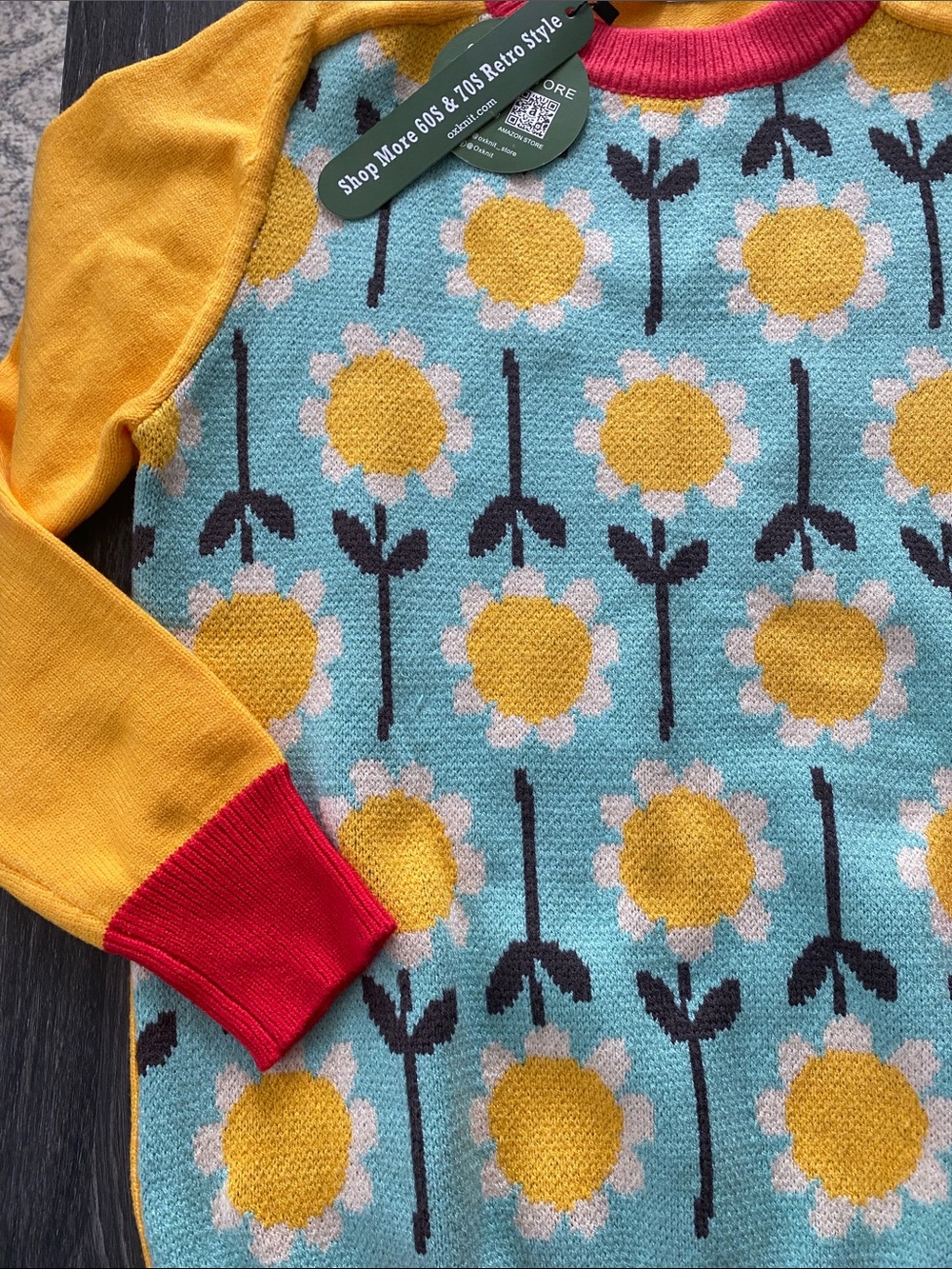 Oxknit Women's Floral Crewneck Sweater in Yellow & Teal - Picture 3 of 9